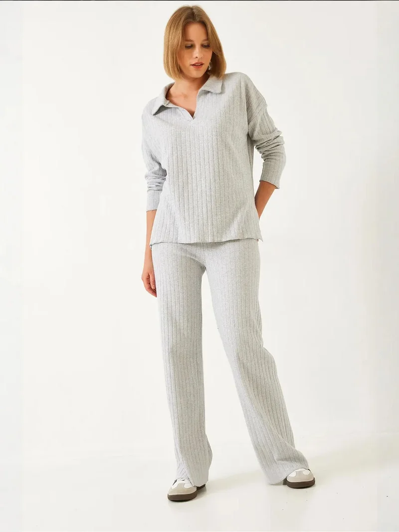 LUCCI Polo Collar Long Sleeve Two-Piece Coord Set with Wide Leg Pants