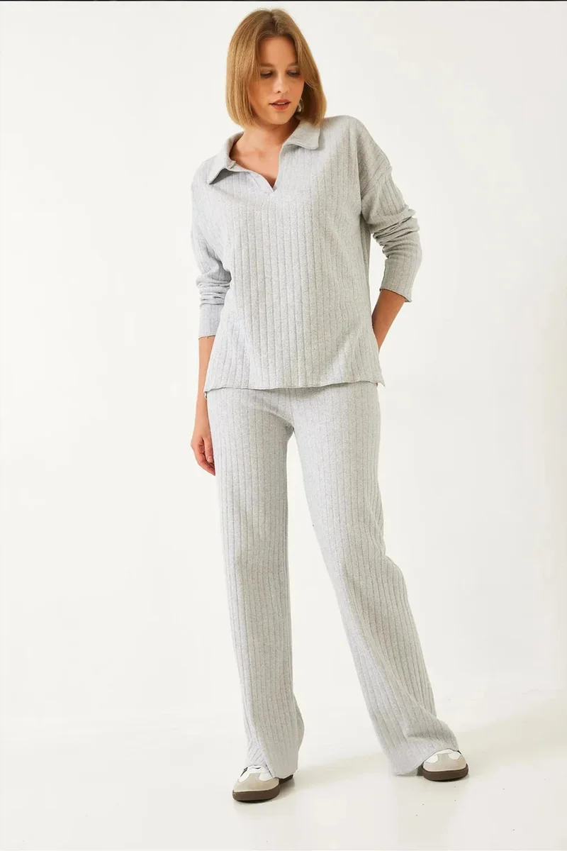 Bianco Lucci LUCCI Polo Collar Long Sleeve Two-Piece Coord Set with Wide Leg Pants