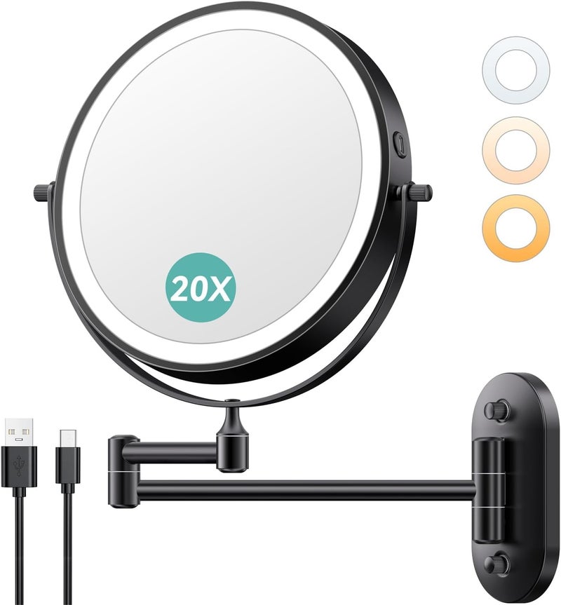 Auxmir 8" Wall Mounted Lighted Makeup Mirror, 3200mAh Rechargeable, 1X/20X Dual Magnification, 3-Color LED Light, 360° Adjustable Arm,Black - Image 1