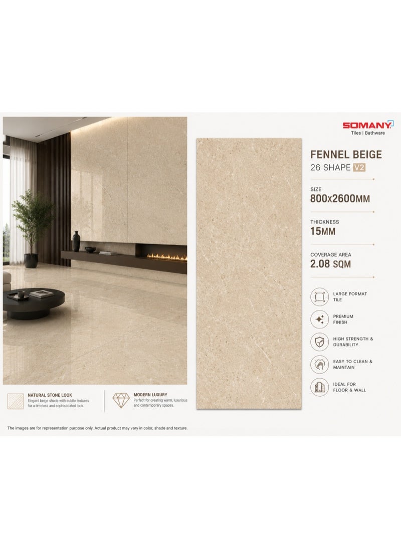 SOMANY Fennel Beige 26 Shape V2 Floor Tile | 800x2600mm Large Format Slab | 15mm Thickness | Premium Beige Stone Finish | 2.08 SQM