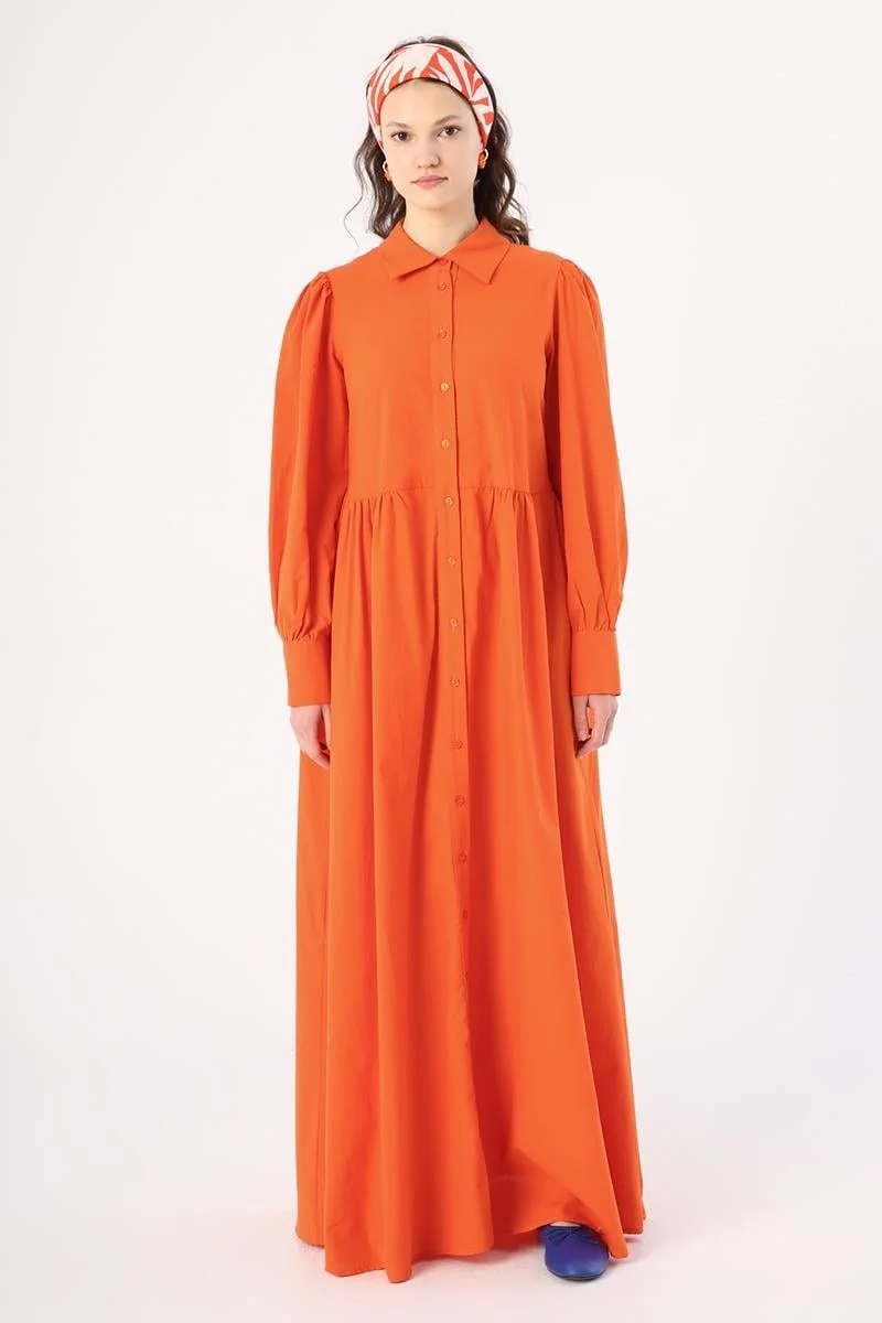 Allday ORANGE- Cotton Gathered Shirt Dress
