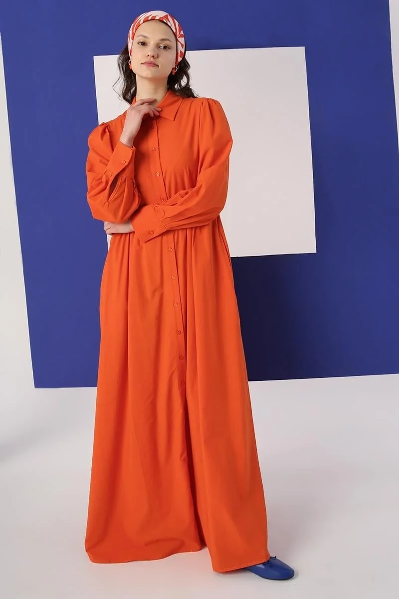 Allday ORANGE- Cotton Gathered Shirt Dress