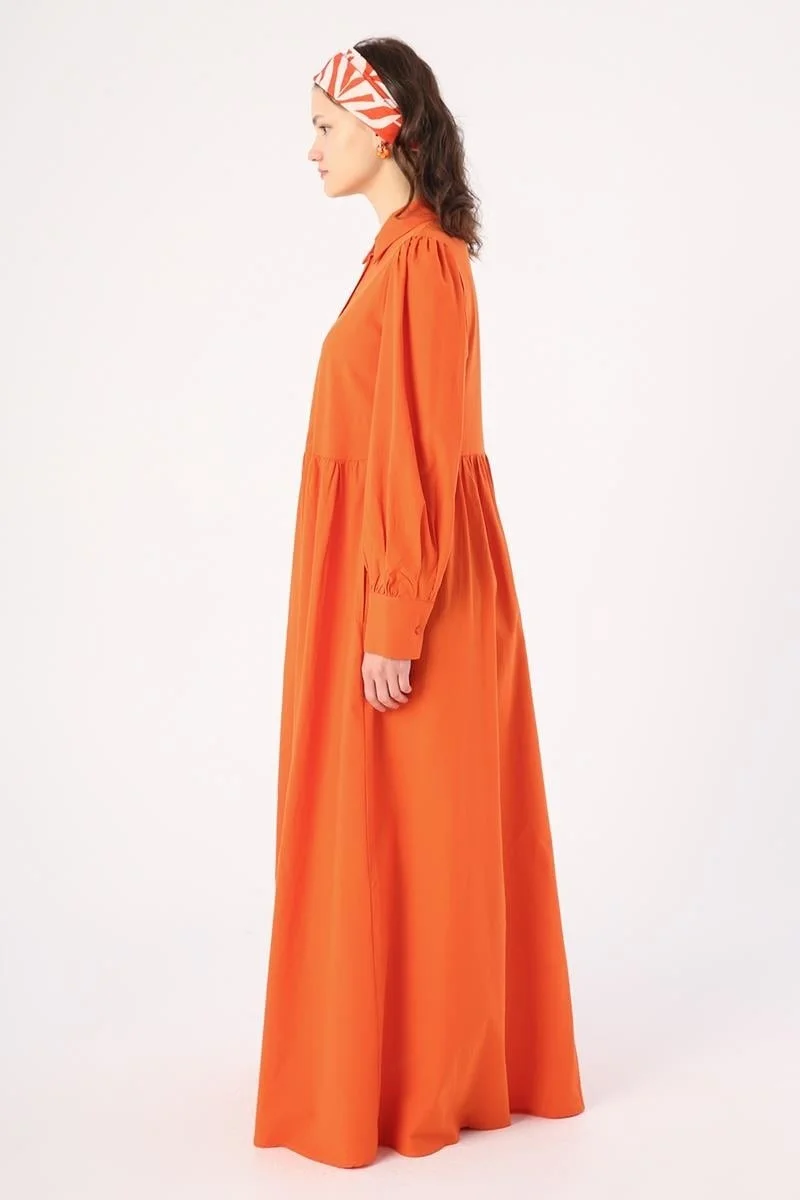 Allday ORANGE- Cotton Gathered Shirt Dress