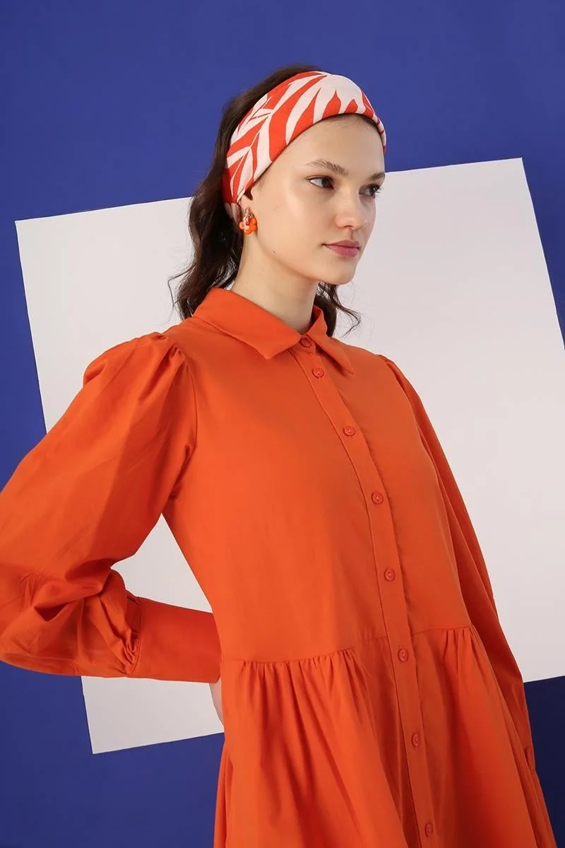 Allday ORANGE- Cotton Gathered Shirt Dress