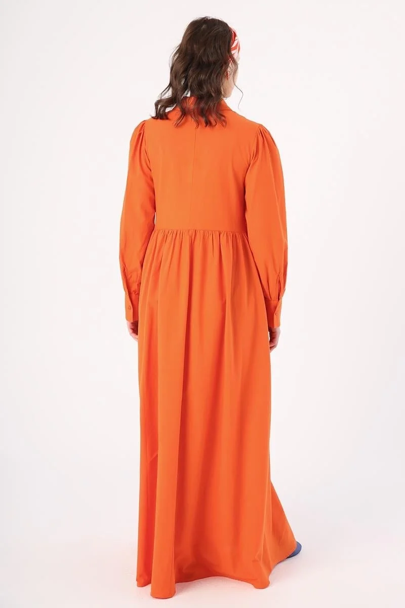 Allday ORANGE- Cotton Gathered Shirt Dress