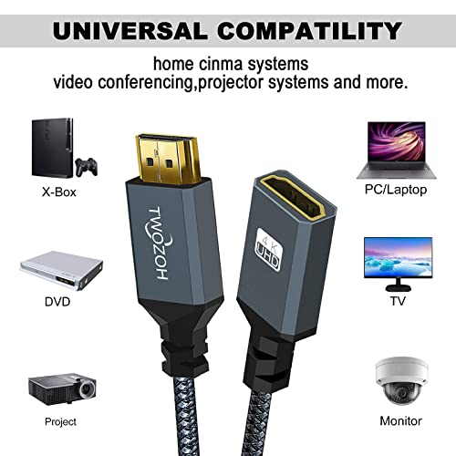 Twozoh HDMI Extension Cable 1FT, Male to Female Cord, HDMI 2.0 Cable Adapter Support 4K@60Hz 3D HDR - Image 2