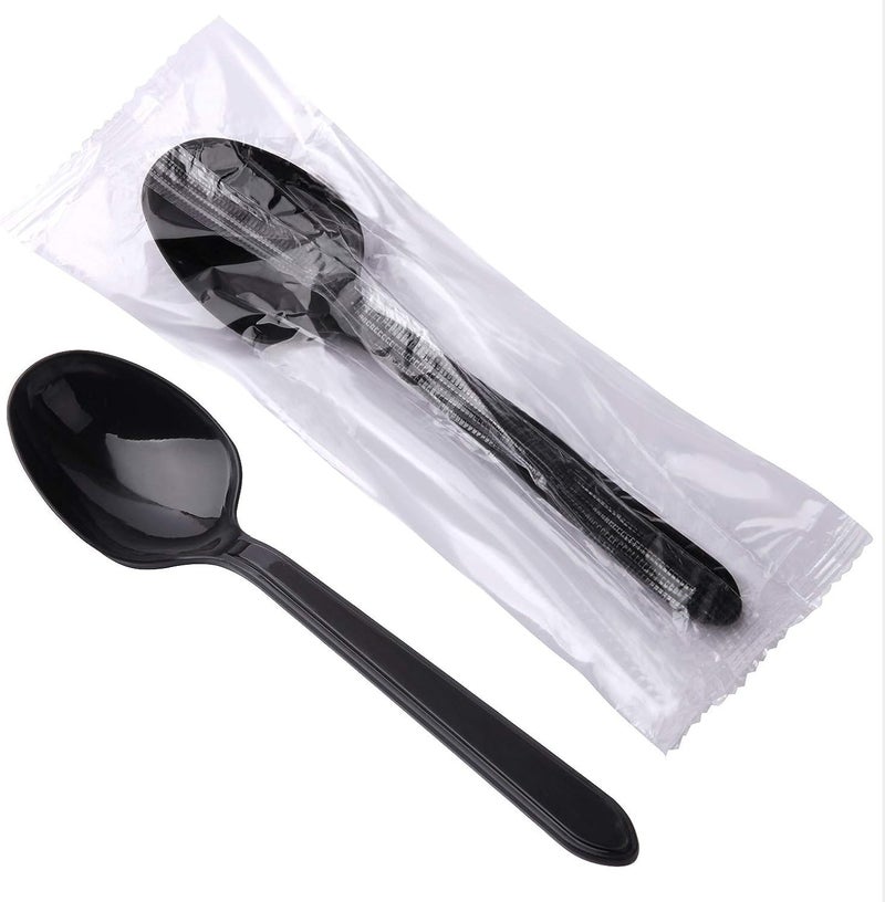Hokeding 6" Individually Wrapped Plastic Spoons - 100 Black Disposable Packaged Spoons,Take Away Utensils for Party and Restaurant - Image 1
