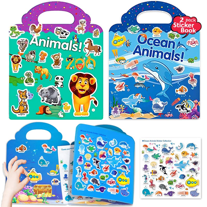 Reusable Sticker Books for Kids 2 Sets Travel Removable Toddler Sticker Books for 3 4 5 Year Old Girls Boys Birthday Gifts Educational Learning Toys  Ocean  Zoo Animals