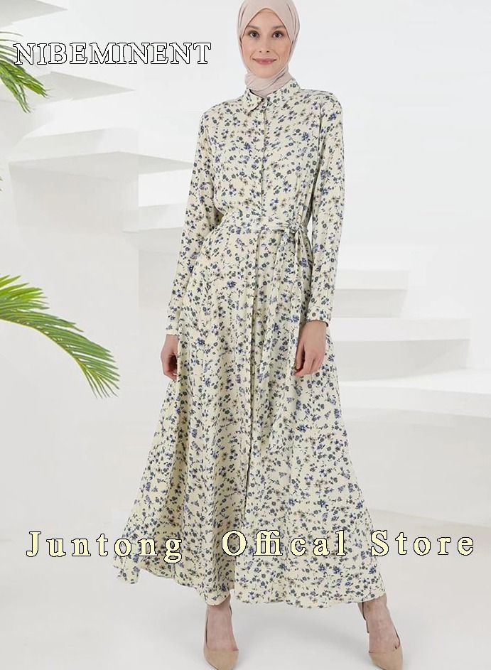 NIBEMINENT Women's Dress Simple Floral Long-Sleeve Long Dress Sweet Temperament A-Line Version Shirt Dress for Women Ladies  - Image 1