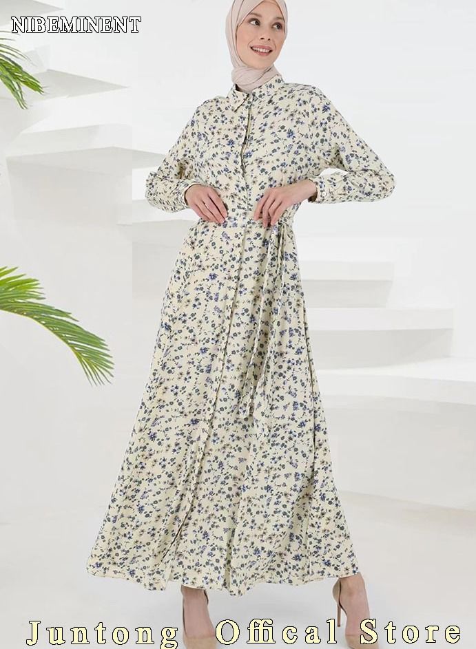 NIBEMINENT Women's Dress Simple Floral Long-Sleeve Long Dress Sweet Temperament A-Line Version Shirt Dress for Women Ladies  - Image 2