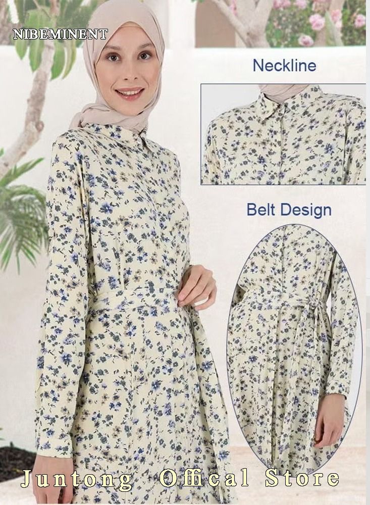 NIBEMINENT Women's Dress Simple Floral Long-Sleeve Long Dress Sweet Temperament A-Line Version Shirt Dress for Women Ladies  - Image 3