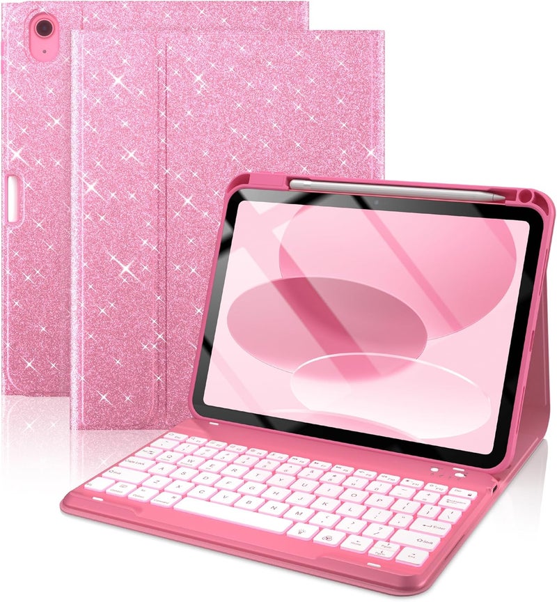 typecase غلاف لوحة مفاتيح تيبكيس فوليو لآيباد الجيل العاشر 10.9 بوصة (2022) وآيباد الجيل الحادي عشر (A16، 2025)، لوحة مفاتيح مغناطيسية لاسلكية قابلة للفصل، إضاءة خلفية بسبعة ألوان، رفيع وخفيف، حامل قلم – وردي لامع - Image 1