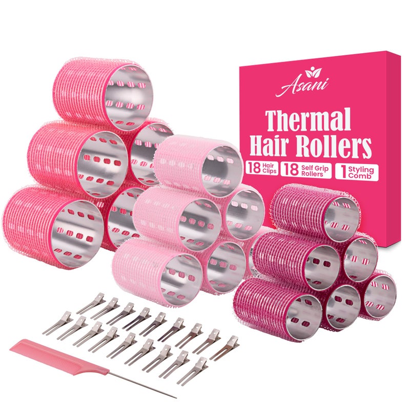 Thermal Rollers for Hair  37pc Set  18 SelfGrip Hair Rollers with 18 Clips and Styling Comb  Aluminum Thermal Hair Rollers for Volume and AllDay Curls  For Short Medium and Long Hair Large