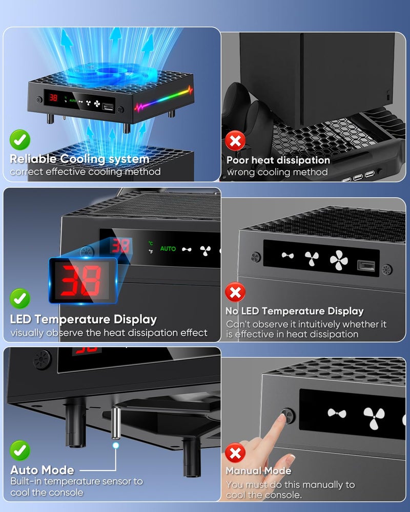 KOVA [LED Display] - Auto Cooling Fan for Xbox Series X with 9 RGB Light Modes, Cooling System Adjustable by Temperature with 4 Gears for Xbox Series X Console, Cooler & Light Switch, Headset Hook,USB Port - Image 2