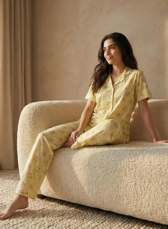 Splash FAV YELLOW Pyjama Set Button Down Shirt and Pants for Women | Best Price UAE