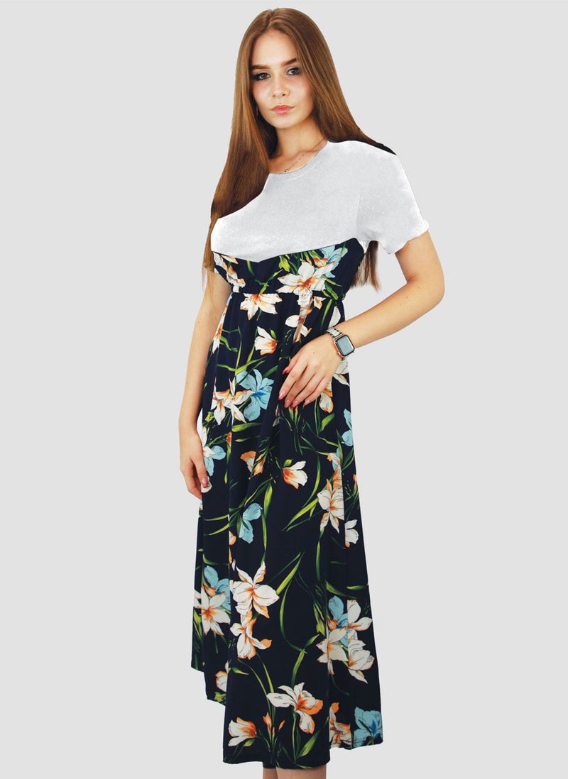 Kidwala Women'S Long White Dress, Blue Floral Colorful Bottom, Round Neckline Design Dress, Short Length Sleeves, Maxi Dress With Elastic Waistband, Evening Dress - Image 1