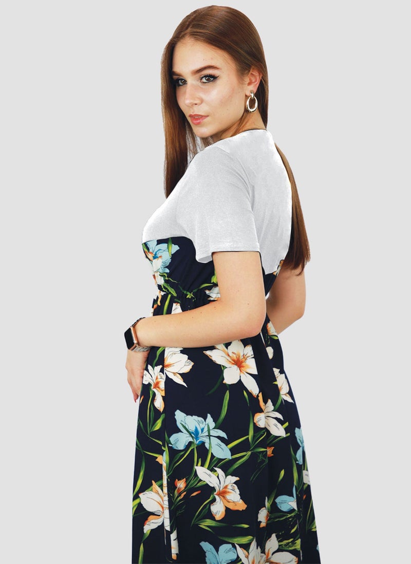 Kidwala Women'S Long White Dress, Blue Floral Colorful Bottom, Round Neckline Design Dress, Short Length Sleeves, Maxi Dress With Elastic Waistband, Evening Dress - Image 2