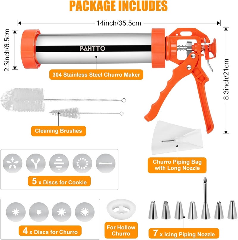 PAHTTO Churro Maker Machine, 3-in-1 Multifunctional Hollow Churros Machine, Churreras para Churros, Stainless Steel Churro/Cookie Making Kit with Piping Bag, 2 Brushes, 10 Discs and 7 Icing Piping Nozzles - Image 2