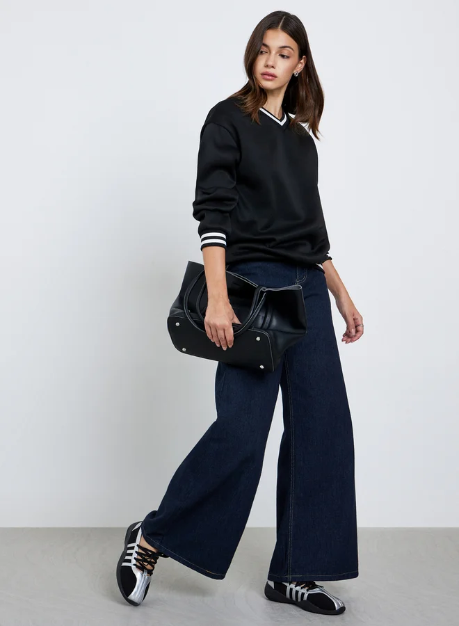 Take Two Take Two Black Striped V-Neck Sweatshirt