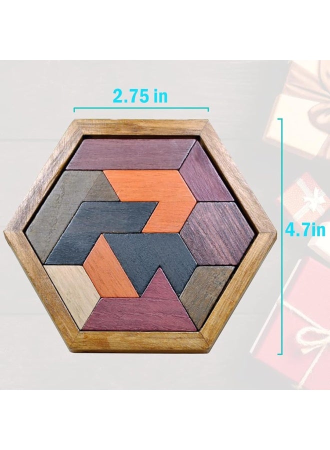 KINGOU Hexagon Tangram Puzzle Wooden Brain Puzzles for Kids & Adult Challenge Wooden Brain Teasers Puzzle Games for Family Party Gift - Brain Games for Kids - Image 3