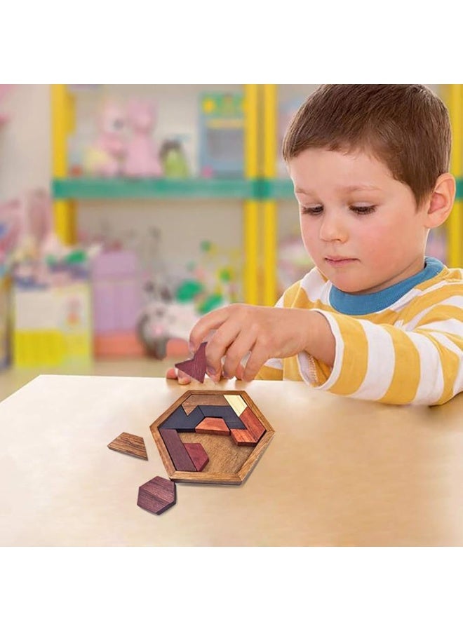 KINGOU Hexagon Tangram Puzzle Wooden Brain Puzzles for Kids & Adult Challenge Wooden Brain Teasers Puzzle Games for Family Party Gift - Brain Games for Kids - Image 5