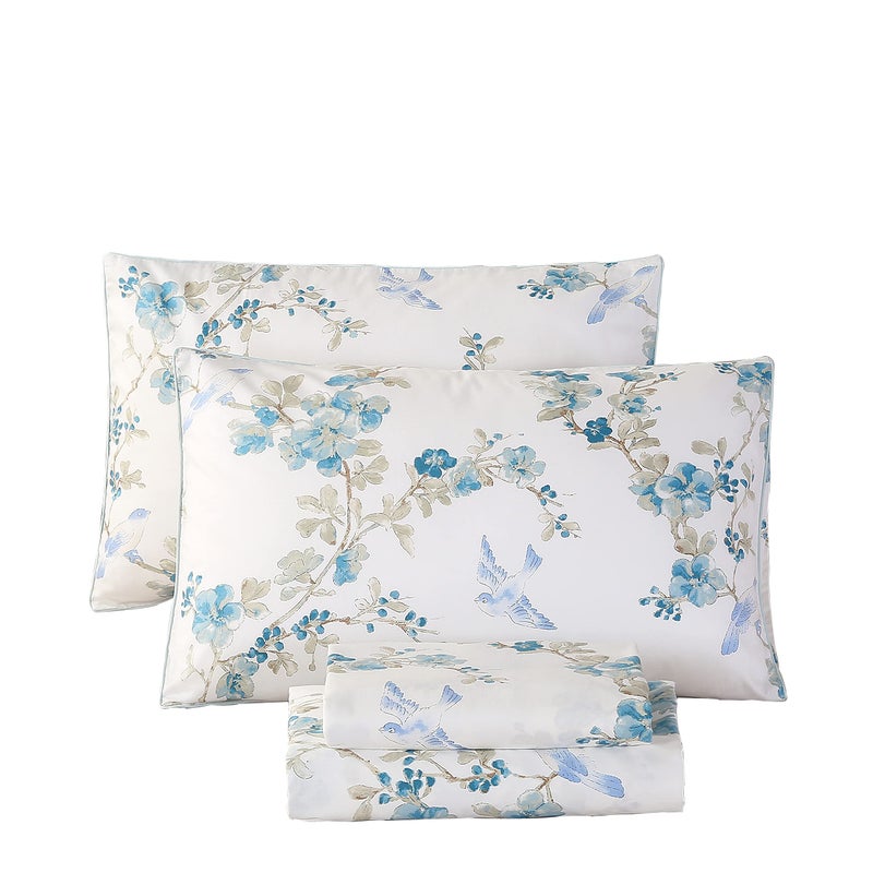 URBONUR Luxury Sheets Set Queen Egyptian Percale Cotton Blue Floral Sheets Soft Smooth Breathable Bed Sheet Set with Deep Pocket (4Pcs, Queen Size, Blue Plum Bloosom) - Image 1
