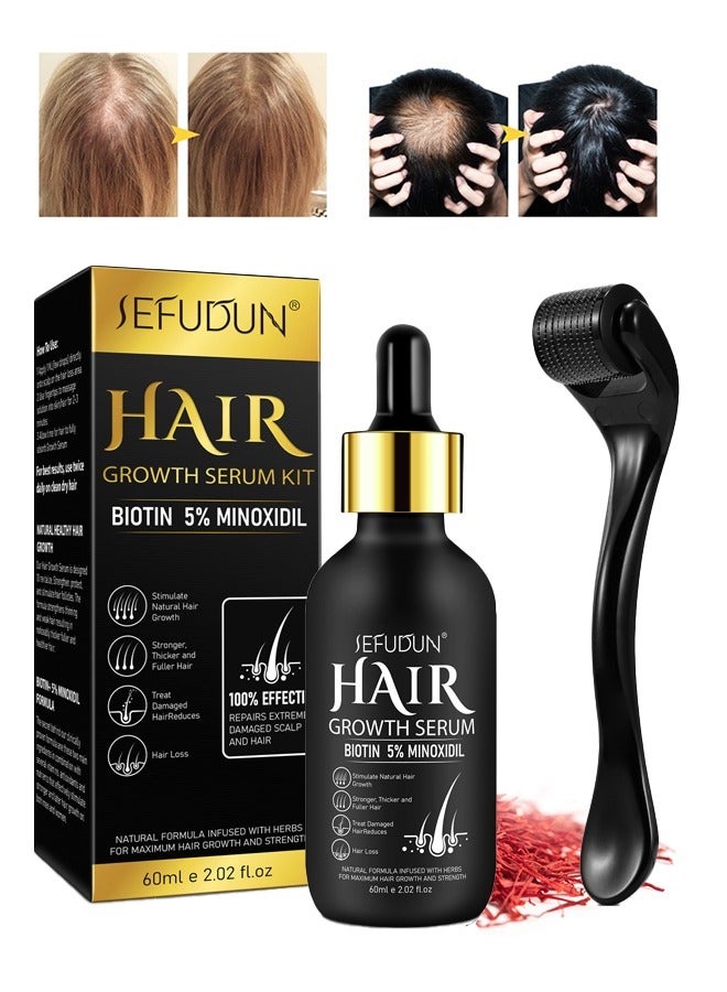 Sefudun Hair Growth Serum with Derma Roller, 5% Minoxidil with Biotin for Scalp Hair Loss and Thinning, Promotes Natural Thicker, Longer, Fuller Healthier Hair ，for Men and Women 60ml - Image 1
