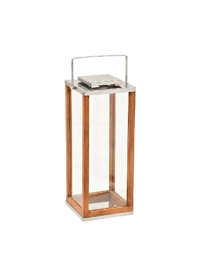serene Elegant Wood and Glass Lantern with Handle Brown and Clear 51 x 25.5 x 25.5 cm 14100 S