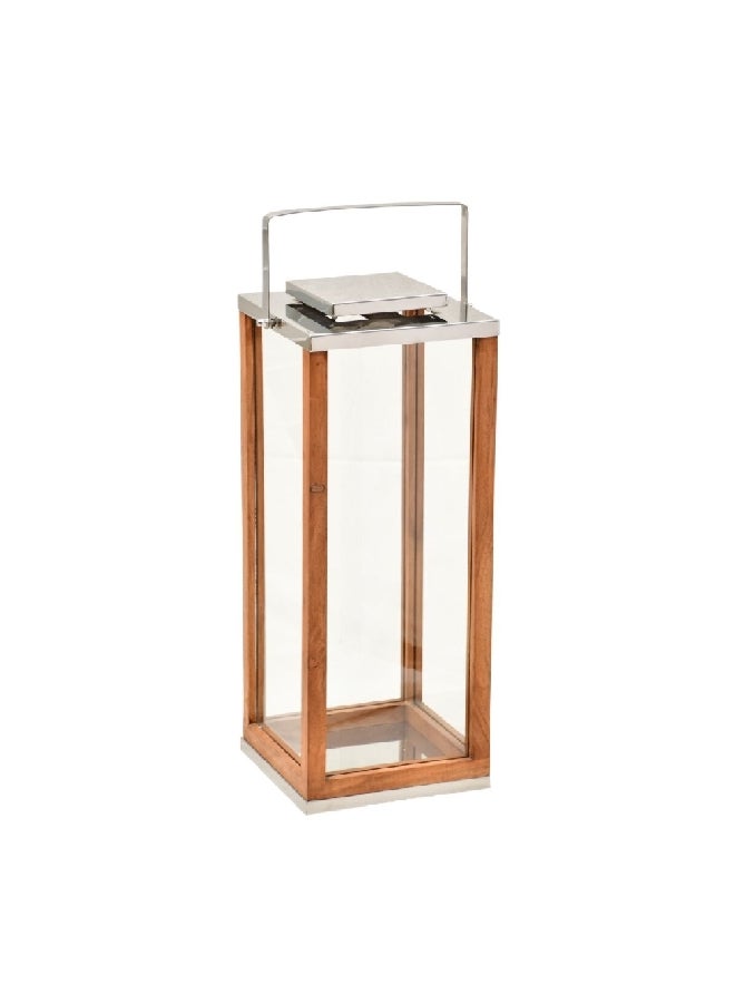 serene Elegant Wood and Glass Lantern with Handle Brown and Clear 51 x 25.5 x 25.5 cm 14100 S