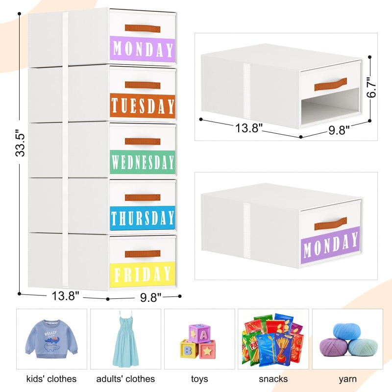 Easortm Stackable Storage Drawers - Pull Out Storage Bins with Drawers for Closet Clothes Organizers with Weekly Labels & Clear Window, Closet Shelf Storage for Bedroom, Living Room, 5 Pack, White - Image 2
