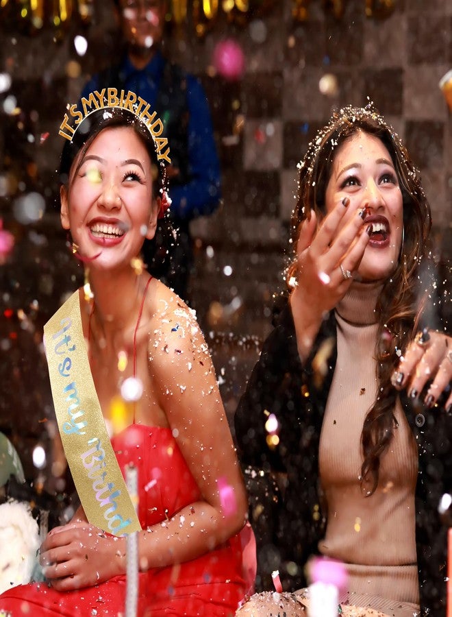 أوبري طقم تاج عيد ميلاد ذهبي وردي من AOPRIE للنساء والفتيات، يتضمن قطعتين من عصابات الرأس المرصعة بأحجار الراين وحزام، بتصميم كلاسيكي، طول 5.5 بوصة، عرض قابل للتعديل، طول الحزام 60 بوصة. - Image 2