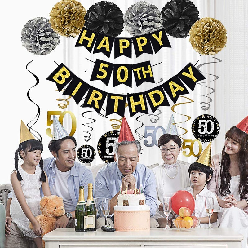 Famoby Black & Gold Glittery Happy 50th Birthday Banner,Poms,Sparkling 50 Hanging Swirls Kit for 50th Birthday Party 50th Anniversary Decorations Supplies - Image 3
