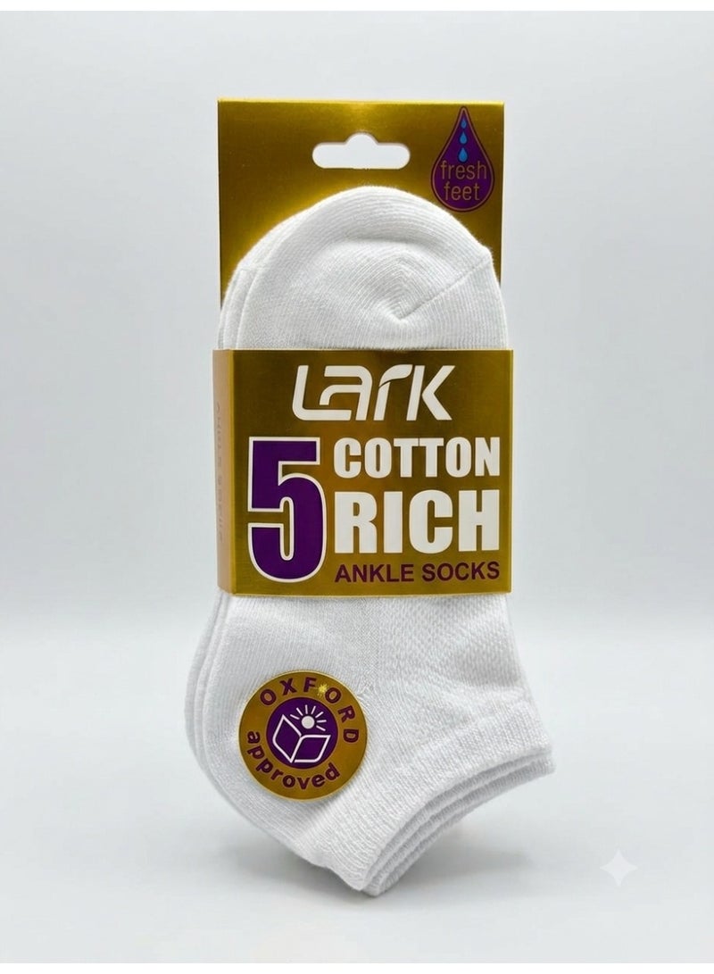 LARK 5-Pack White Ankle Socks for Men & Women – Breathable Cotton Rich Low Cut Athletic Socks with Fresh Feet Technology- 11-14 years