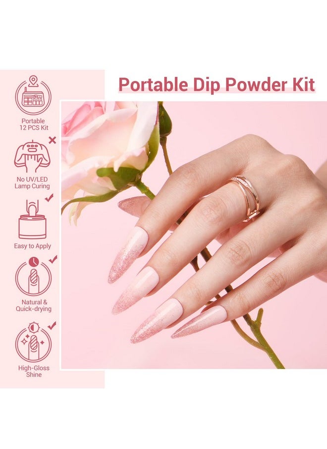 AZUREBEAUTY - AZUREBEAUTY Dip Powder Nail Kit Starter, Transparent Nude Neutral Skin Pink Glitter, 4 Colors Dipping Powder Set All Seasons, French Nail Art Base Top Coat Activator Liquid Manicure DIY Salon 12 PCS - Image 1
