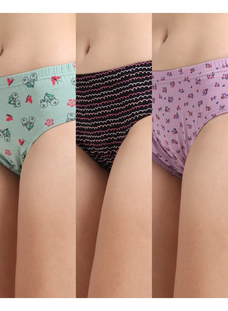 DUJE Women’s Printed Panties (3-Pack Combo 4 – Green, Black & Purple) | 95% Cotton 5% Spandex | Stretchable, Breathable, Sweat-Absorbing, Anti-Bacterial & Odour-Free Daily Comfort Wear - Image 1