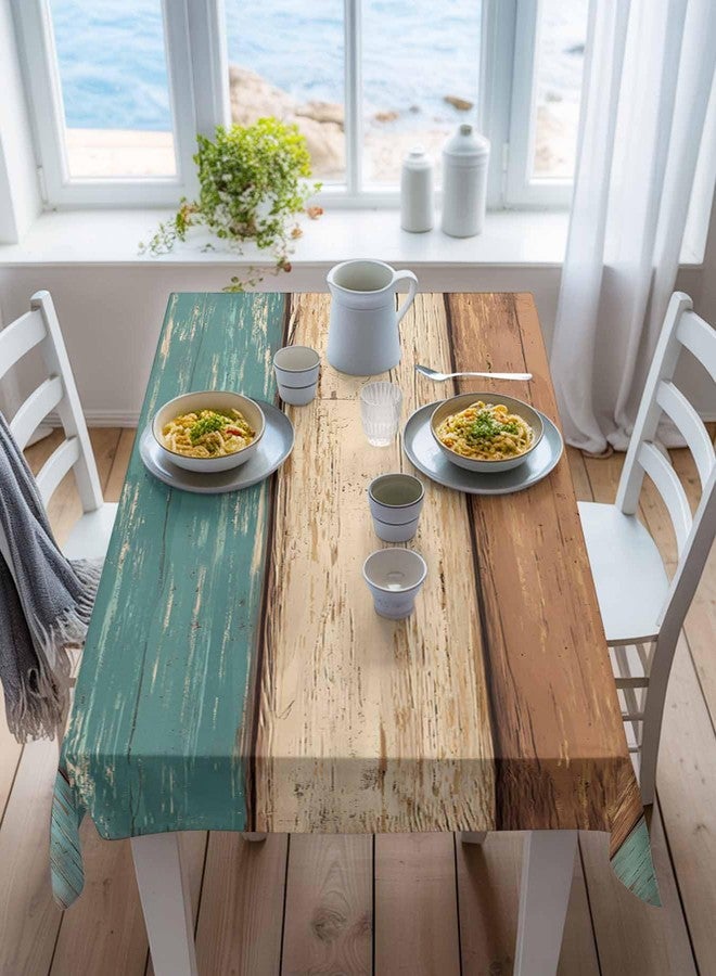 LBCASA Teal Turquoise Tablecloth Waterproof Oil-proof Tablecloths, Retro Wood Green and Brown Outdoor Table Cloth Dining Table Cover Cloth for Kitchen Party Holidays Tabletop Rectangle Tablecloth 60x84 Inch - Image 4