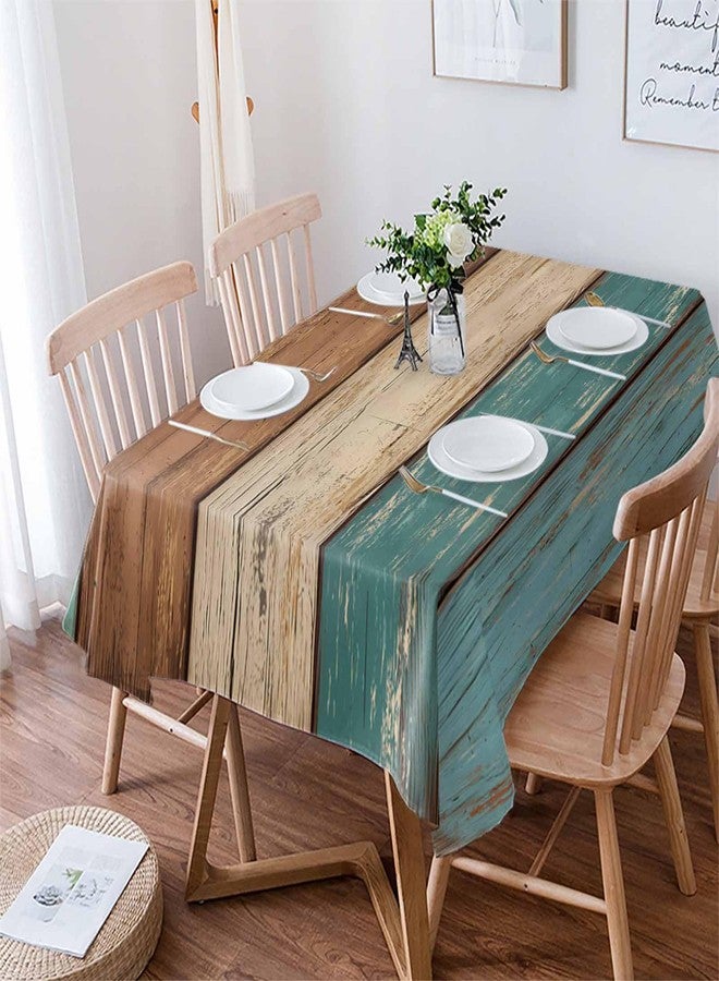 LBCASA Teal Turquoise Tablecloth Waterproof Oil-proof Tablecloths, Retro Wood Green and Brown Outdoor Table Cloth Dining Table Cover Cloth for Kitchen Party Holidays Tabletop Rectangle Tablecloth 60x84 Inch - Image 1