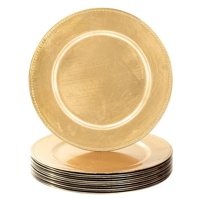 GOLD CHARGER PLATES SET OF 12 FOIL 13 PLATE CHARGERS WITH BEADED PLASTIC ROUND CHARGERS FOR DINNER PLATES TABLE SETTING