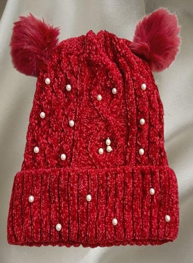 BriKSHi Pearl Pom Pom Kids Winter Cap - Soft Knitted Beanie Hat with Cute Fur Pom-Pom - Warm & Comfortable Cold Weather Cap for Boys and Girls (Pack of 1) (Red) - Image 4