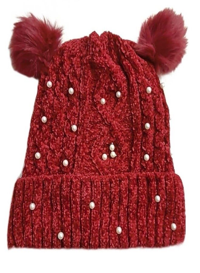 BriKSHi Pearl Pom Pom Kids Winter Cap - Soft Knitted Beanie Hat with Cute Fur Pom-Pom - Warm & Comfortable Cold Weather Cap for Boys and Girls (Pack of 1) (Red) - Image 1