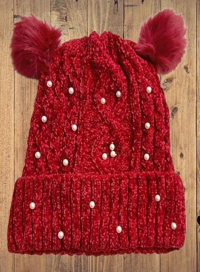 BriKSHi Pearl Pom Pom Kids Winter Cap - Soft Knitted Beanie Hat with Cute Fur Pom-Pom - Warm & Comfortable Cold Weather Cap for Boys and Girls (Pack of 1) (Red) - Image 5