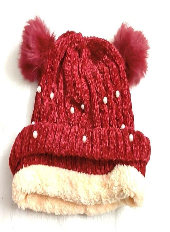 BriKSHi Pearl Pom Pom Kids Winter Cap - Soft Knitted Beanie Hat with Cute Fur Pom-Pom - Warm & Comfortable Cold Weather Cap for Boys and Girls (Pack of 1) (Red) - Image 2