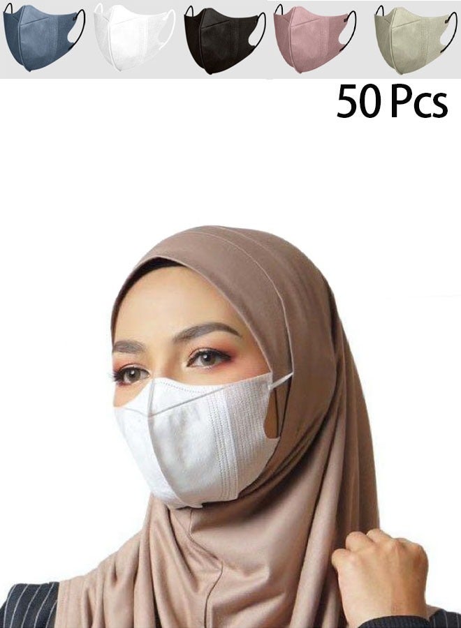 50-piece pack of 3D disposable masks, unisex adult three-layer melt-blown filter mask with elastic ear loops - (10 pieces each in white, black, blue, pink, khaki) - Image 1