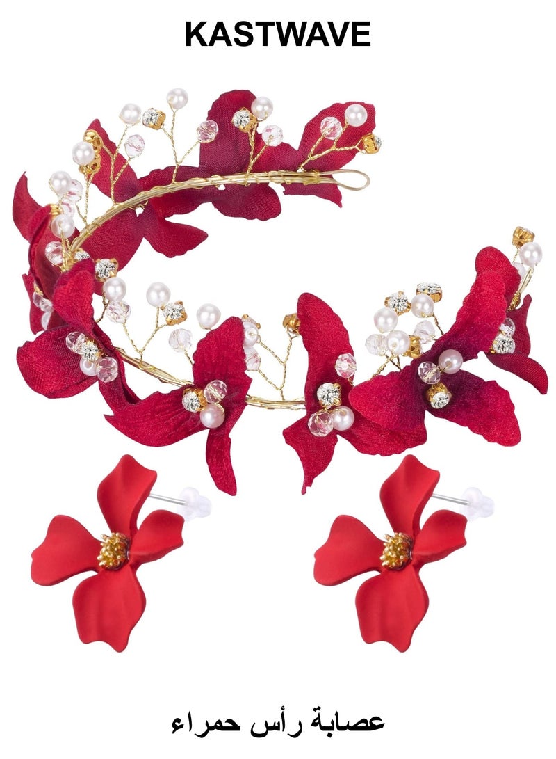 KASTWAVE Wedding Bride Floral Red Headband, Crystal Gold Red Flower Hair Vine with Pearl Rhinestone Hair Accessory with Earring, Boho Delicate Hair Piece Jewelry for Women and Girls - Image 1