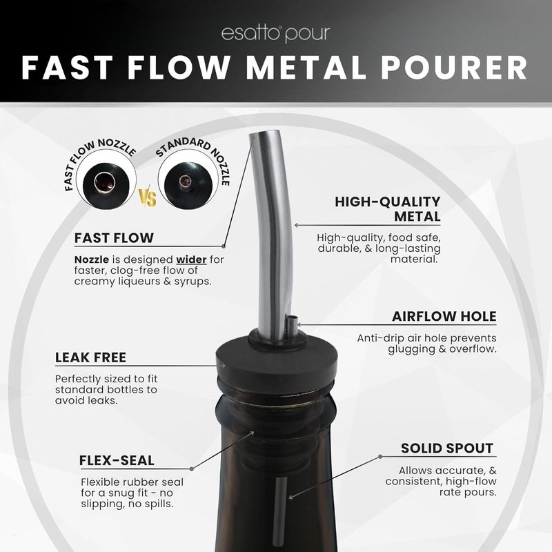 Esatto 6-Pack Fast Flow Metal Liquor Pourers - Clog-Free for Thick Syrups & Liqueurs - Stainless Steel Pour Spouts for Alcohol Liquor Bottles - Includes 6 Dust Caps & 3 Bottle Adapters - Non-Drip Design - Image 5