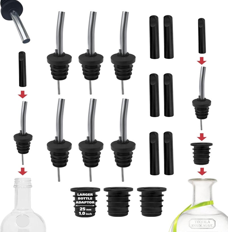 Esatto 6-Pack Fast Flow Metal Liquor Pourers - Clog-Free for Thick Syrups & Liqueurs - Stainless Steel Pour Spouts for Alcohol Liquor Bottles - Includes 6 Dust Caps & 3 Bottle Adapters - Non-Drip Design - Image 1