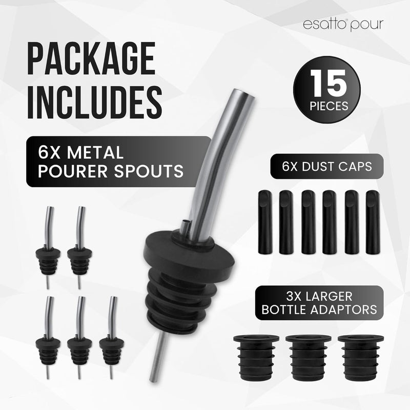 Esatto 6-Pack Fast Flow Metal Liquor Pourers - Clog-Free for Thick Syrups & Liqueurs - Stainless Steel Pour Spouts for Alcohol Liquor Bottles - Includes 6 Dust Caps & 3 Bottle Adapters - Non-Drip Design - Image 2