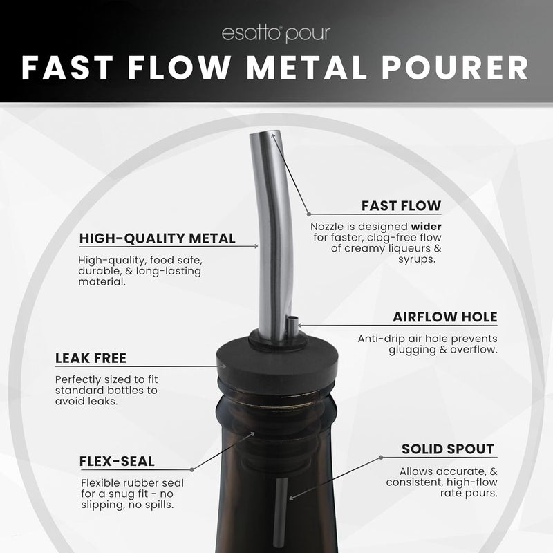 Esatto 6-Pack Fast Flow Metal Liquor Pourers - Clog-Free for Thick Syrups & Liqueurs - Stainless Steel Pour Spouts for Alcohol Liquor Bottles - Includes 6 Dust Caps & 3 Bottle Adapters - Non-Drip Design - Image 4