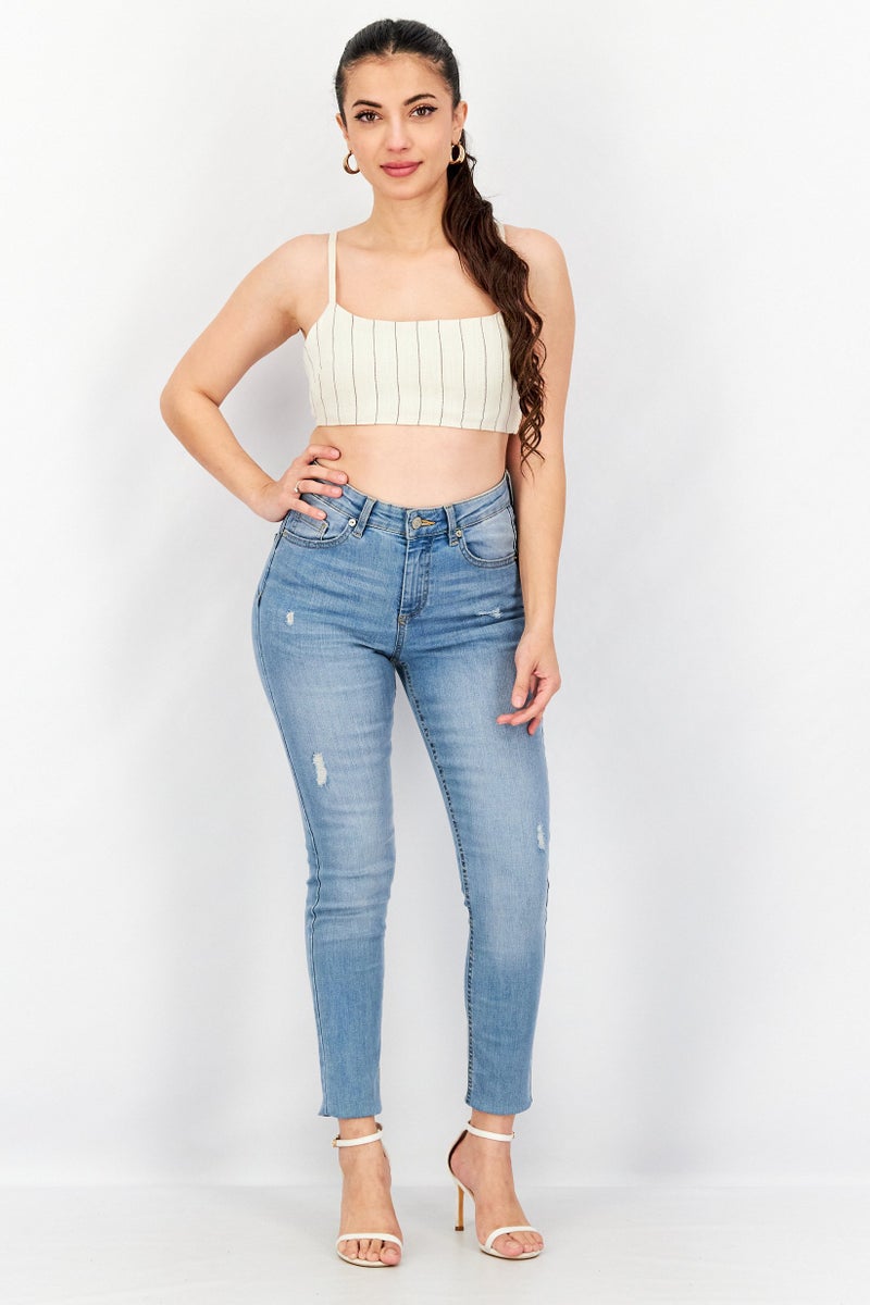 Asos Design Women Square Neck Sleeveless Stripe Cropped Top, Beige - Image 3