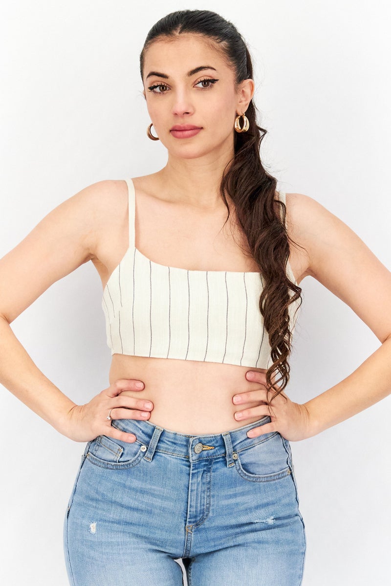 Asos Design Women Square Neck Sleeveless Stripe Cropped Top, Beige - Image 1